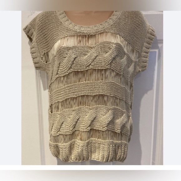 Jane Norman Sweaters - Jane Norman Y2K Beige Cable‎ Knit & Ribbon Sweater | Short Sleeves